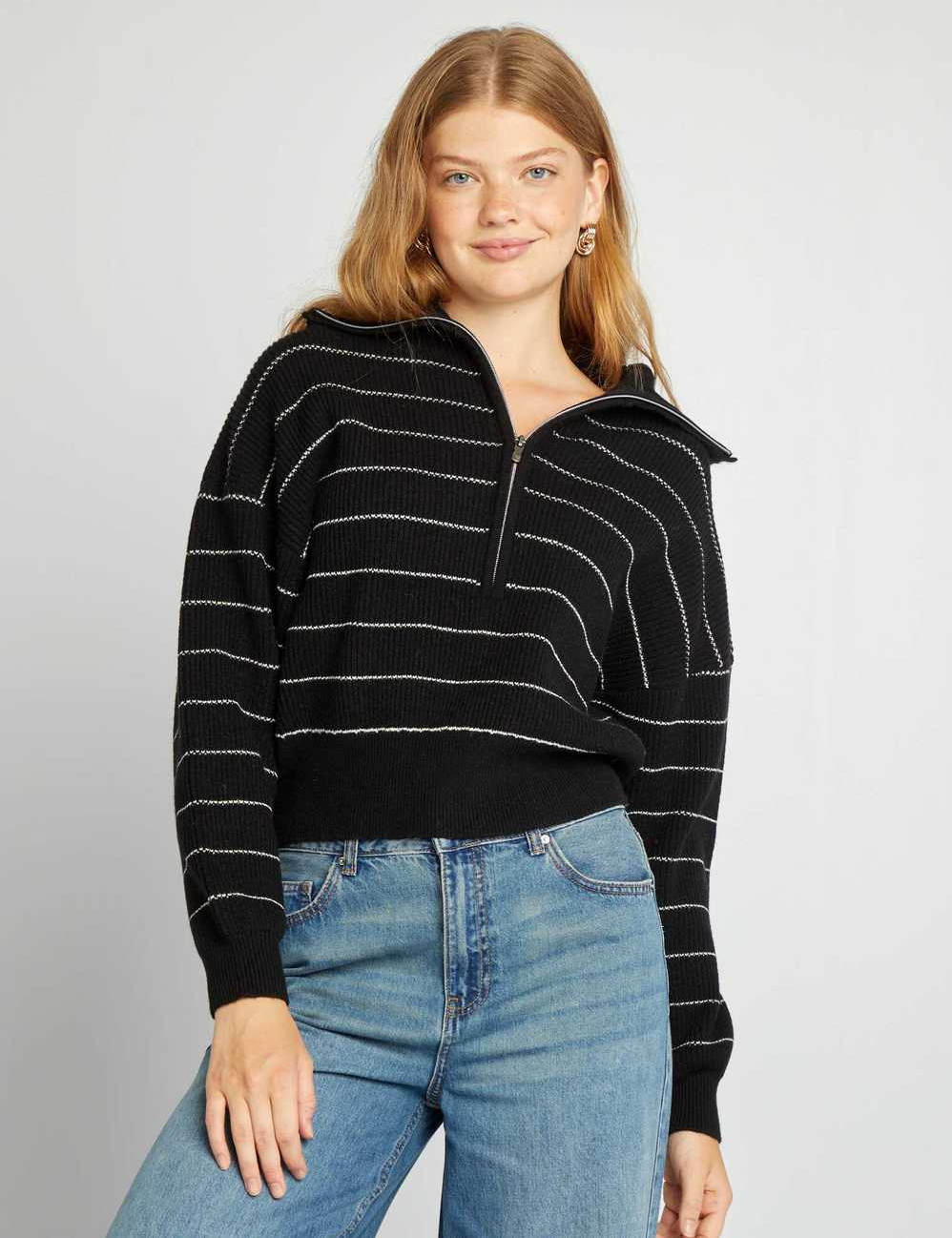 Striped zip-up high-neck sweater